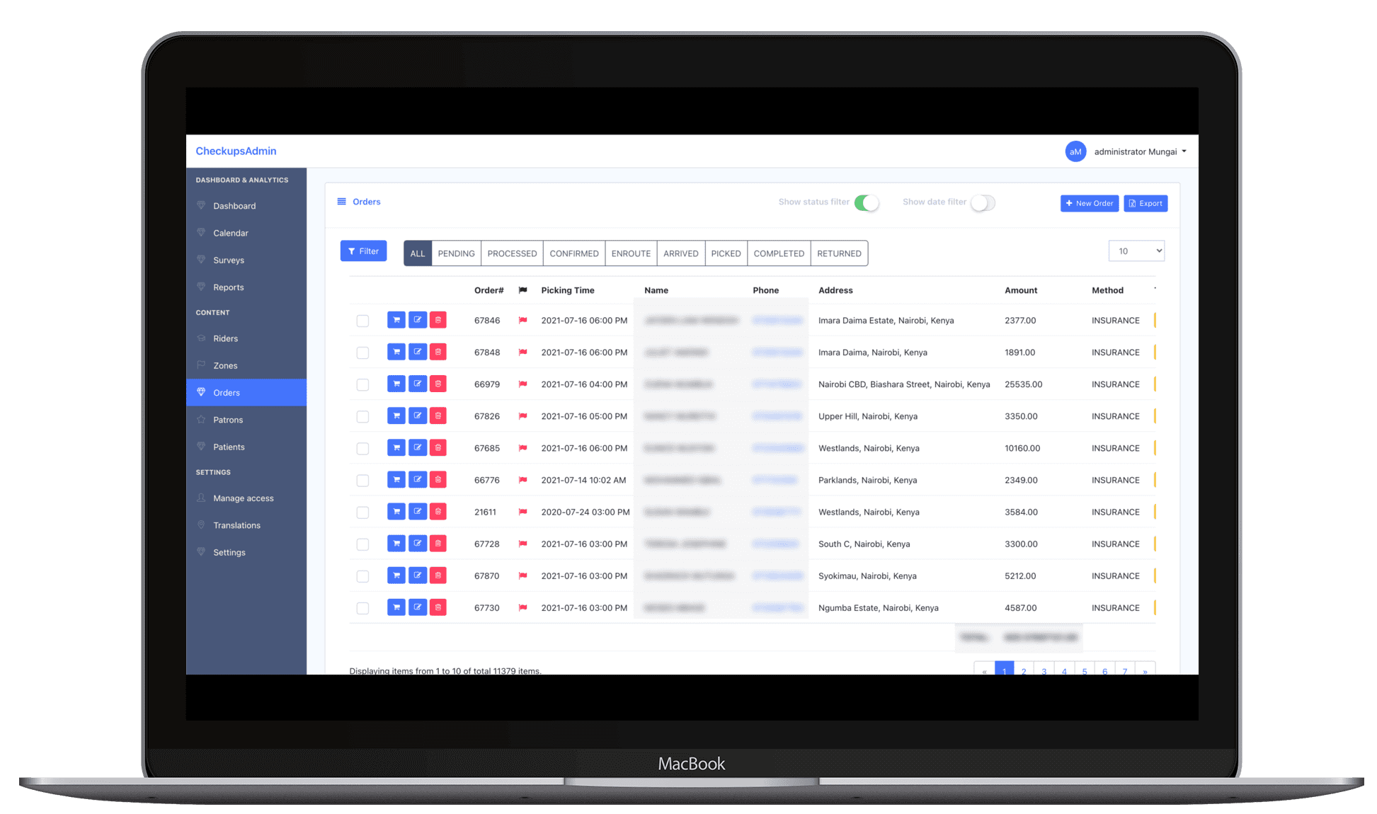 Checkups Order List